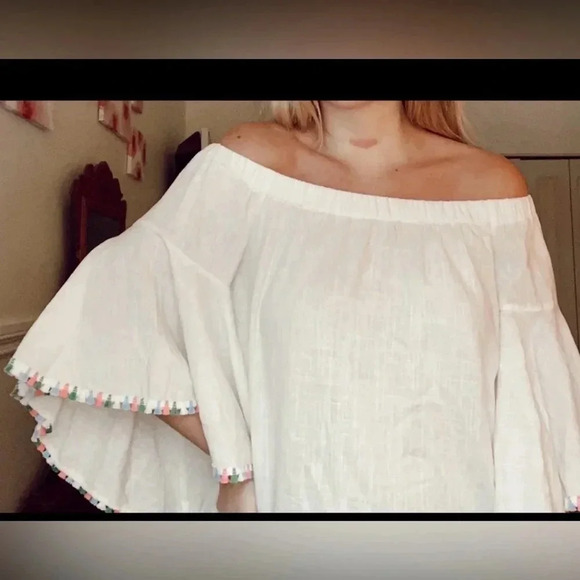 Altar’d State Women’s White small Linen Blend Tassel Strapless Blouse - Picture 1 of 5